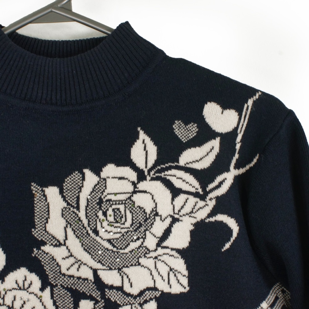 Vintage Rose Floral Dark Navy Knit Pullover Sweater Top - Picture 4 of 6